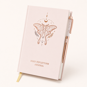Carnet de réflexion quotidienne à couverture rigide, rose poudré, or rose, motif chrysalide lunaire et lune, gaufré, coffret cadeau avec stylo, vente en gros - Product Image 2