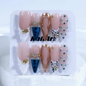 Faux ongles à presser en acrylique faits main, certifiés CE, style peinture à l'huile, motif fleurs romantiques amandes françaises, design cercueil 3D, pour fêtes - Product Image 3
