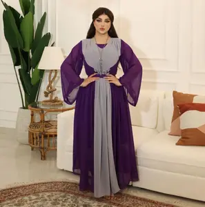 Hồi giáo quần áo Lady maxi gown tím voan tua Dubai Moroccan kaftan abaya hồi giáo phụ nữ Ăn mặc