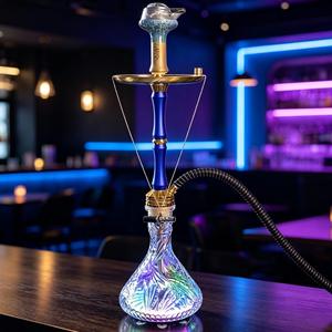 Blue Glass Hookah Modern Shisha Pipe Gold Tone Metal Base Clear Carved Bottle Lounge <b>Bar</b> Use - Product Image 3