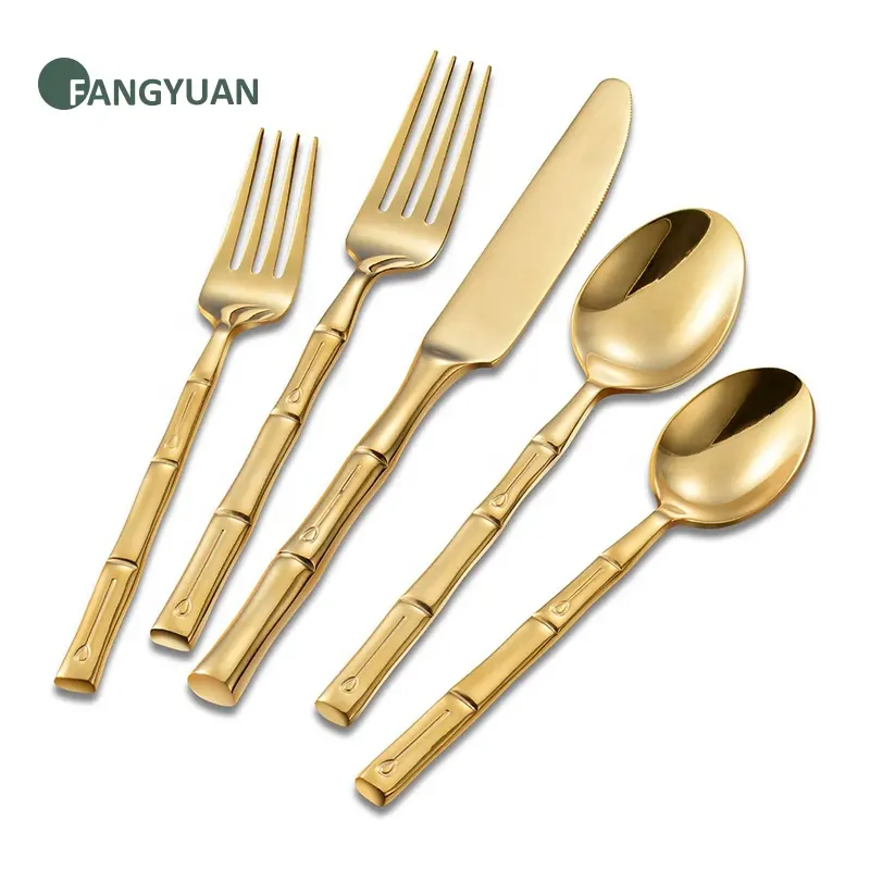 FANGYUAN heavy duty high end bamboo texture handle stainless steel cutlery gold flatware for wedding