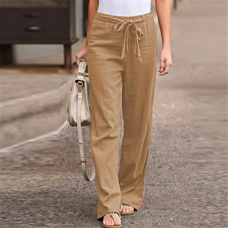 Hotsale weibliche weites Bein Hosen hohe Taille Baumwolle Leinen Streetwear Modehose Damen solide Farbe Spitzenfreie Hosen