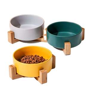 Qbellpet tigelas de cerâmica para animais de estimação, tigelas antiderrapantes personalizadas para cães e gatos, com suporte de madeira, sublimação lenta personalizada de fábrica, para alimentação inteligente de cães - Product Image 1