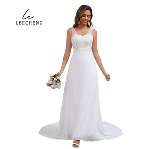 Elegante abito da sposa senza schienale con strascico in Chiffon lungo davanti a schiena lunga in misto paillettes con strascico da cappella - Product Image 6