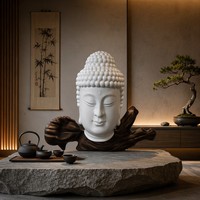 Sculpture de tête de Bouddha en bois de santal zen artisanale en résine de fibre de verre, style européen, taille et couleur personnalisables pour jardin extérieur
