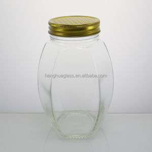 Hotselling hình lục giác mật ong thực phẩm lưu trữ container lọ hình dạng độc đáo 330ml 350ml 680ml lọ thủy tinh với vàng nắp kim loại - Product Image 5