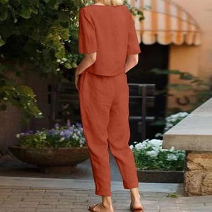 Women's Cotton <b>Linen</b> Summer Half-sleeve O-neck Top T-shirt Wide Leg Pants Casual 2-piece <b>Set</b> Fashion - Product Image 6