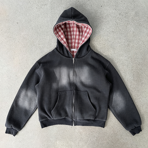 Custom Plaid Design <strong>Zip</strong> up Jackets Double Layers Waffle Hoodies for Men 100% Cotton High Quality <strong>Reversible</strong> Waffle Knit Hoodie - Product Image 2