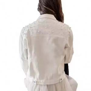 I-0464 New Fall Women Pearl Beading <b>Crop</b> <b>Denim</b> <b>Jackets</b> Women Casual Jeans Bomber <b>Jacket</b> Long Sleeve <b>Denim</b> Plus Size Coat - Product Image 5