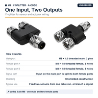 Konektor Splitter Tipe Y M8 Tanpa Pelindung 1 Male 2 Female Berkode A 3 Pin Adaptor Sensor IP67 Tahan Air 3A 60V Steker Penerbangan CE