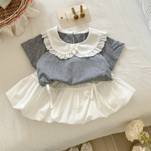 Girls Summer Bubble Dress Set Short Sleeve With Lace <b>Collar</b> Breathable <b>Cake</b> Skirt For Baby Girls - Product Image 1