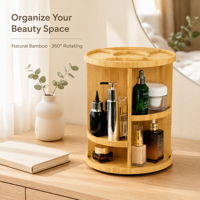 Organisateur de maquillage rotatif à 360 degrés en bambou naturel, 3 niveaux, avec séparateurs réglables et plateau amovible, tour de rangement cosmétique