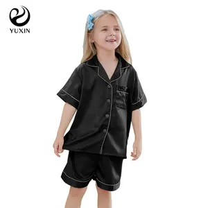 Kid's Satin Pajama Set Black Pajama With Whit Pipe Trim Kid T-shirt With Shorts Summer Home wear