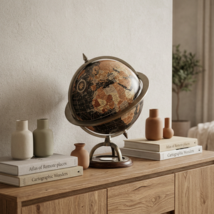 Globe terrestre rond en bronze de style Mid-Century Modern avec fonction rotative et base en bois, présentoir décoratif Atlas - Product Image 1