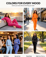 Ensemble 2 pièces pour femme OEM ODM en molleton 100 % coton, comprenant un sweat à capuche zippé imprimé décontracté et un pantalon évasé, longueur standard, col marin
