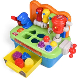 Bancada de brincar para crianças, bancada de brincar em forma de brinquedo, kit de ferramentas para bebês, conjunto com sons e luzes, ideal para trabalhar com crianças