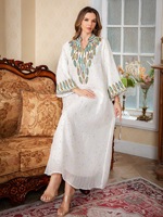 Gaun Maxi Panjang Bordir Tali Polyester Berhias Manik-Manik V-Neck, Busana Muslimah Sopan untuk Pesta, Festival, Acara Spesial, Abaya Floral ODM