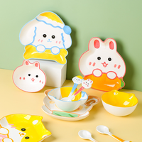 Ensemble de vaisselle quotidienne pour enfants, motif d'animaux de dessin animé mignon, lapin, chat, chien, mouton, bol en céramique, assiette, cuillère, maison