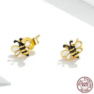 Set perhiasan grosir anting dan kalung Set, anting-anting lebah serangga pedesaan berlapis emas asli perak Sterling 925