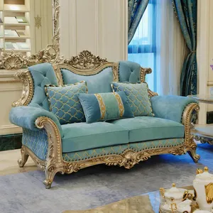 Divani classici di colore blu di lusso set di divani design di mobili divani da soggiorno in legno massello in stile francese
