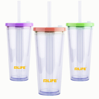 Gobelet à thé au lait Boba en plastique à double paroi sans BPA 700ML 24oz Tasses à thé à bulles Gobelets en plastique réutilisables personnalisés avec couvercle et paille