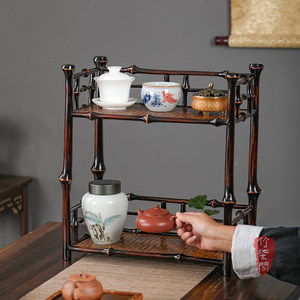 Bamboo Double Layer Tea Rack Lacquered Storage <b>Shelf</b> For Chinese Tea Set <b>Desktop</b> Display Stand Rectangle Shape Standing Type - Product Image 2