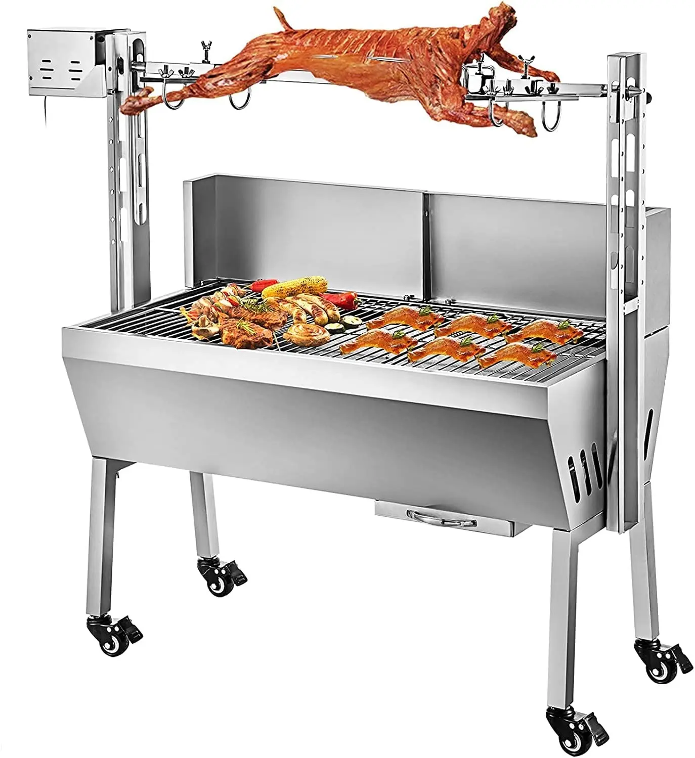 Tugas Berat Luar Ruangan Besar Stainless Steel Babi Ayam Meludahkan Roaster Domba Arang Barbecue Rotisserie Panggangan BBQ