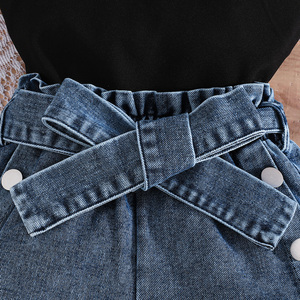 Set di abbigliamento per ragazze estive <span class=keywords><strong>eleganti</strong></span> e graziosi <span class=keywords><strong>pantaloncini</strong></span> in Denim con decorazione in pizzo Casual con bottoni a fiocco - Product Image 5