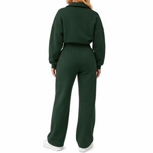 Conjunto Deportivo de 2 Piezas para Mujer, Color Verde Oscuro, Sudadera Corta con Cierre de Cremallera, Pantalones Anchos con Cordón Ajustable, Corte Holgado Informal - Product Image 3