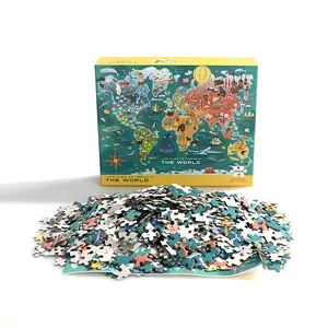 사용자 정의 디자인 세계지도 모양 퍼즐 뚜껑 상자 포장 500 조각 3D 성인 퍼즐 게임