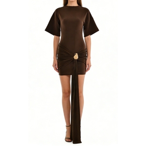 Vestido Mini de Manga Corta Oversize para Mujer con Cintura Fruncida, Detalle de Hebilla Metálica y Cola Larga, Vestidos de Moda - Product Image 2