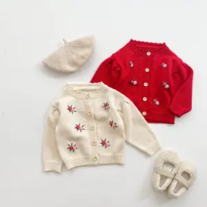 infant children's clothing babies' long-sleeved knitted cardigan handmade three-dimensional fur ball embroidered small coat