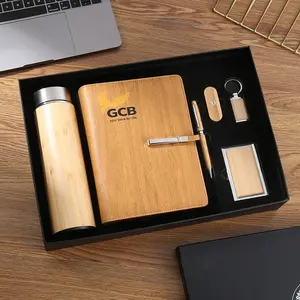 ECO Promotional Item Custom logo corporate A5 Wooden gift set 6 in 1 Business Bamboo notebook with flash drive gift set for man