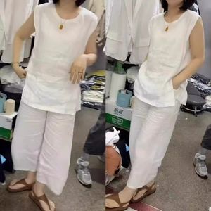 Women's Cotton <b>Linen</b> Set Sleeveless <b>Top</b> And Pants Breathable Casual Summer Wear White ZY 667 - Product Image 1