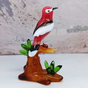Handblown Glass <b>Bird</b> Figurine Red White Black <b>Perched</b> On Tree Base Animal Decorative Craft Art Piece - Product Image 5