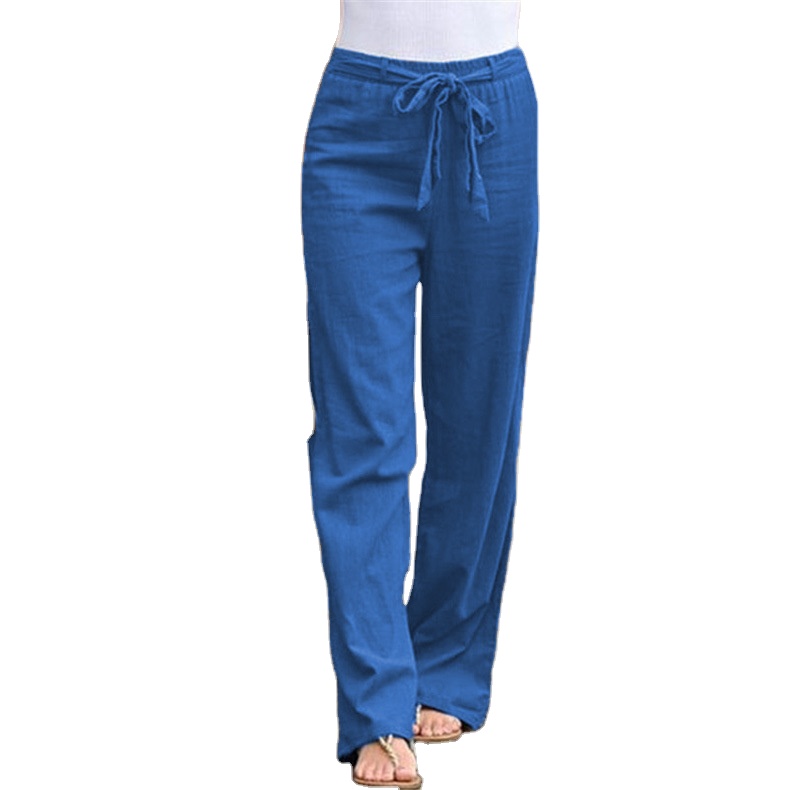 2022 summer wide leg trousers straight cotton linen fashion all-match blue casual pants women's clothing