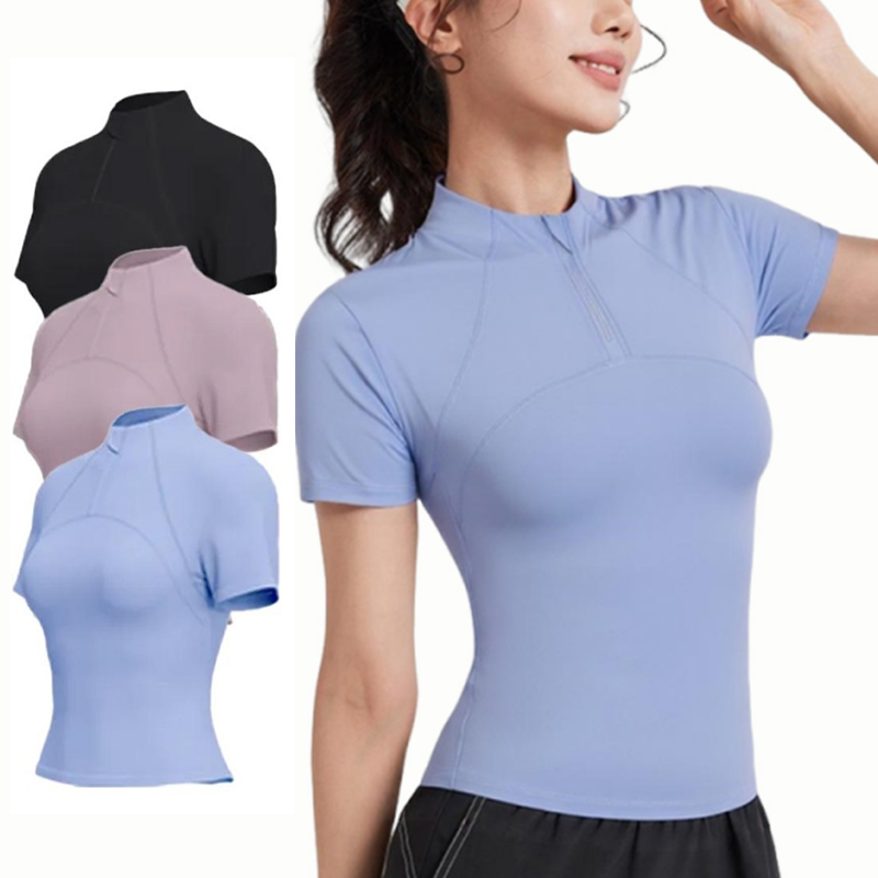 Custom Women Plain Half-zip Plus-size Sports and Yoga Top Stretchy and Figure-hugging Short Sleeves and Round Neck Summer Style