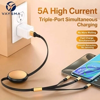 Câble de charge rapide rétractable 3-en-1 120W 1,2m avec 5 vitesses réglables, double entrée USB Type C pour téléphones portables, appareils photo et lecteurs de codes-barres