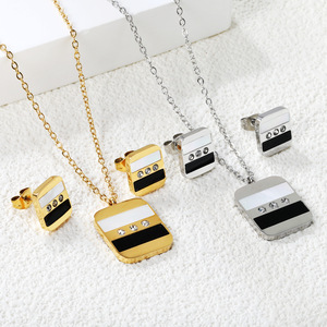 European American Style Geometric Diamond Encrusted Necklace Earrings <b>Set</b> For Women Everyday Wear Silver Gold Tone - Product Image 2