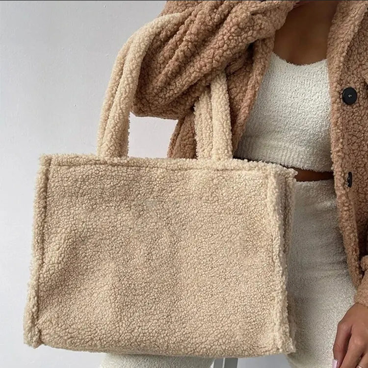 Mode Dames Teddy Tote Handtas Grote Capaciteit Bruid Draagtas Custom Faux Bont Schouder Boodschappentas Voor Vrouwen