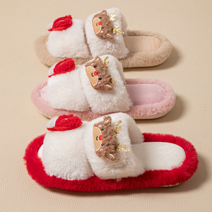 Chaussons d'hiver créatifs en coton à double bande et motif de dessin animé de Noël, en peluche contrastante, chauds pour la maison, pour hommes et femmes - Product Image 2