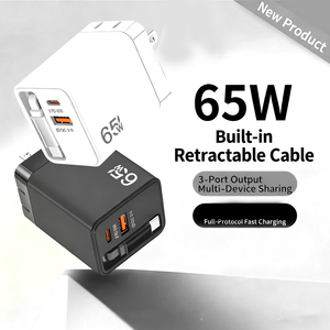 Cargador PD 3.0 de 65W con Cable USB-C Retráctil, Adaptador de Pared Dual USB C/A con Carga Rápida 3.0 para Teléfono y Portátil - Product Image 4