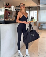 Ensemble de yoga noir sans couture personnalisé, vêtements de sport pour femmes, bretelles spaghetti, vêtements de sport ajustés, tissu respirant et élastique, vêtements de sport pour la salle de sport