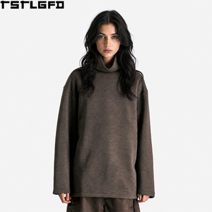 Sweat-shirt d'hiver brodé à col montant pour femme, marron foncé, coupe oversize, col cheminée, pull en maille streetwear - Product Image 1