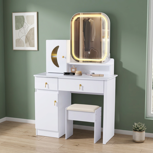 Modern White <b>Makeup</b> Vanity Table with Lighted <b>Mirror</b> and Storage Cabinet for Bedroom Furniture - Product Image 3
