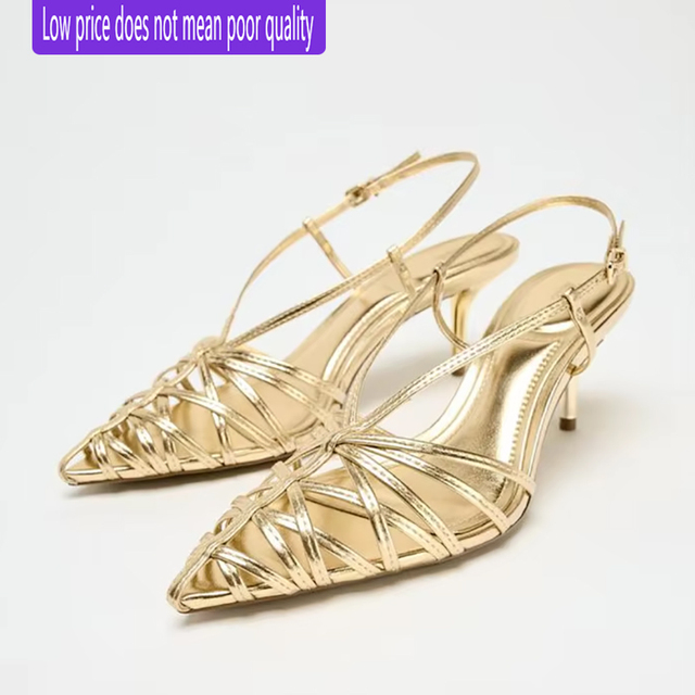 ZA2026 Summer New Women's Golden Hollow Pointed High Heels Stiletto Rear Strap Combination Heel Roman Sandals
