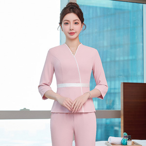 Pink Mandarin Collar Uniform Women Peplum Waistline Comfortable Polyester Woven Career Dress For Beauty Salon Foot Massage - Product Image 4
