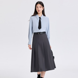 Women's Blue Long Sleeve Shirt With Tie Solid Color Polyester Office Wear For Professional Work Commute Interview Autumn 2025 - Product Image 1