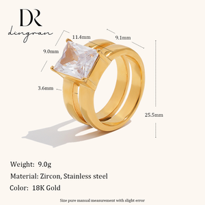 Bague carrée double couche en acier inoxydable plaqué or 18 carats Dingran avec zircon taille émeraude pour femme – Bijoux tendance en gros - Product Image 2