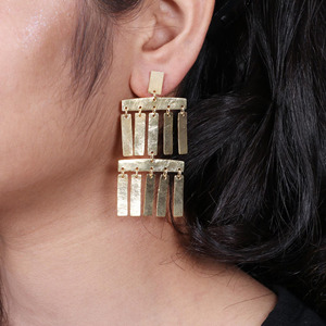Trendy Design Gold plated brass long chandelier <b>earrings</b> with shiny brushed texture , Party wear <b>earrings</b> - Product Image 3